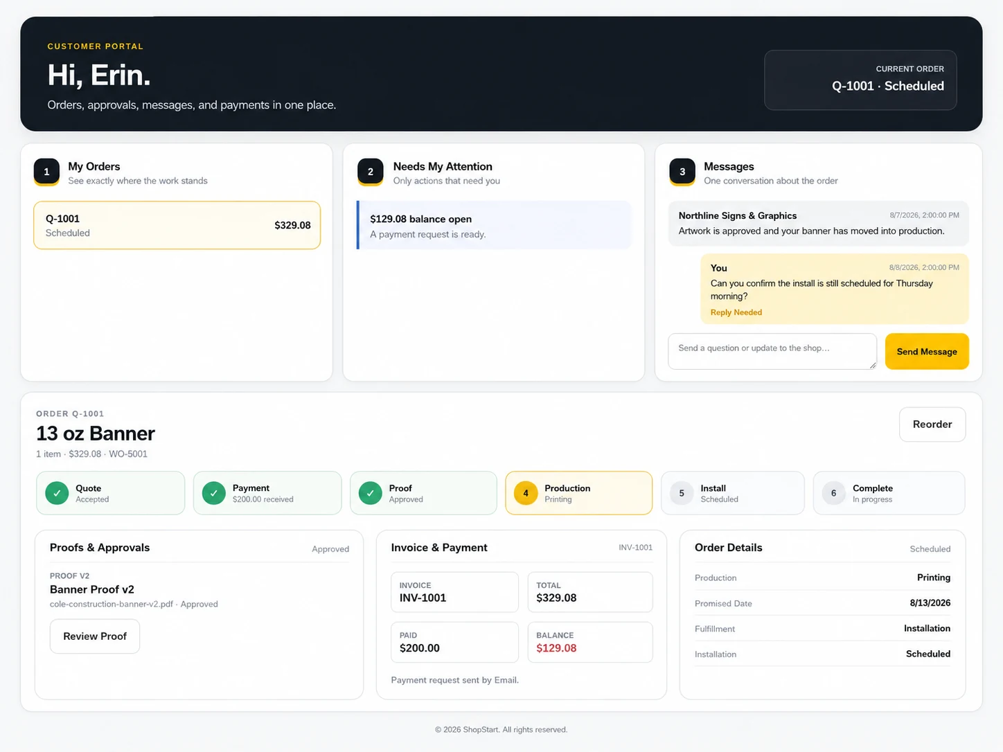 ShopStart customer portal with order status, proof approval, messages and payments