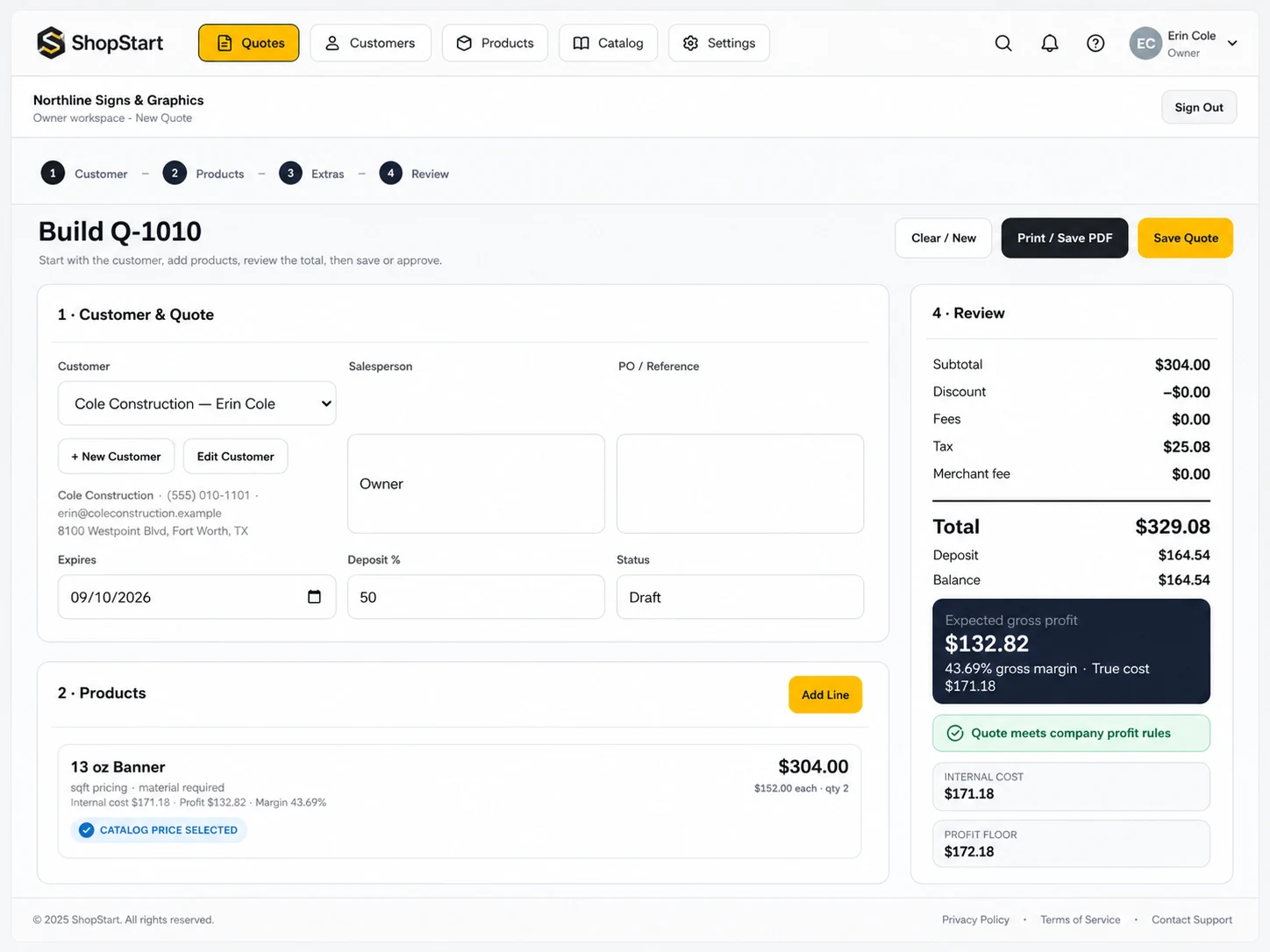ShopStart quote builder with customer, products, pricing, margin and deposit